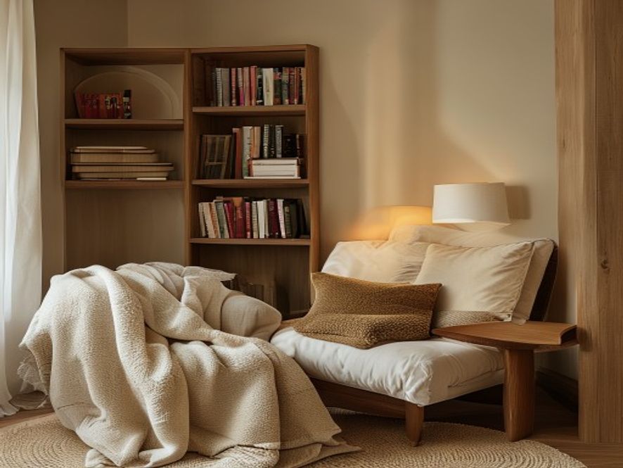 Bedroom interior showing acoustic comfort elements: soft furnishings, thick curtains, and minimal hard surfaces