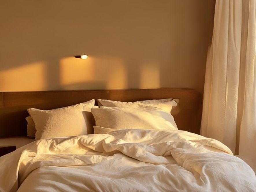 Bedroom with warm evening lighting gradually dimming toward sleep time, illustrating light management