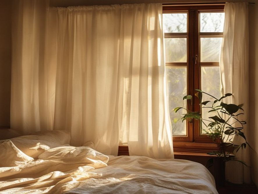 Bedroom window with quality blackout curtains allowing controlled natural light in the morning