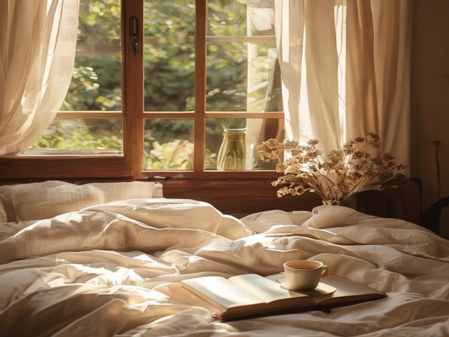 Peaceful morning scene showing consistent wake time with natural light, establishing daily rhythm