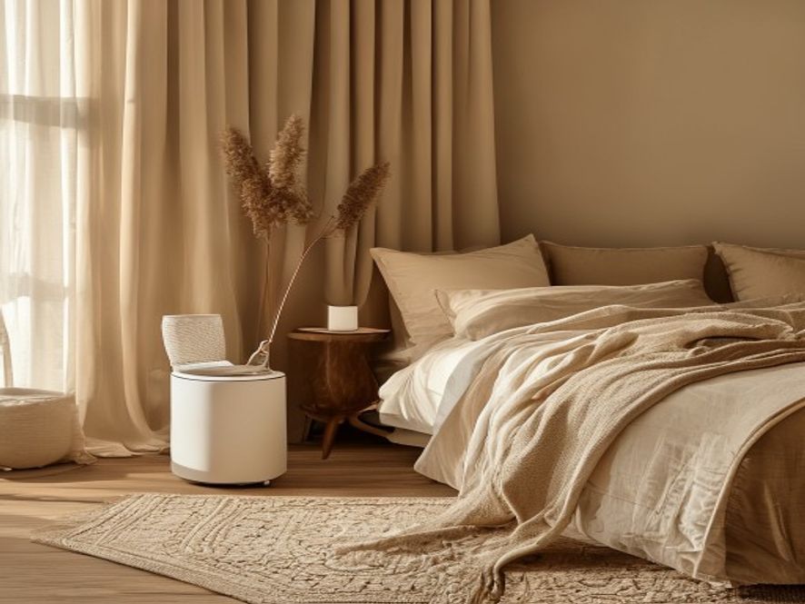 Peaceful bedroom environment showing acoustic comfort elements like soft furnishings and open window with quiet view